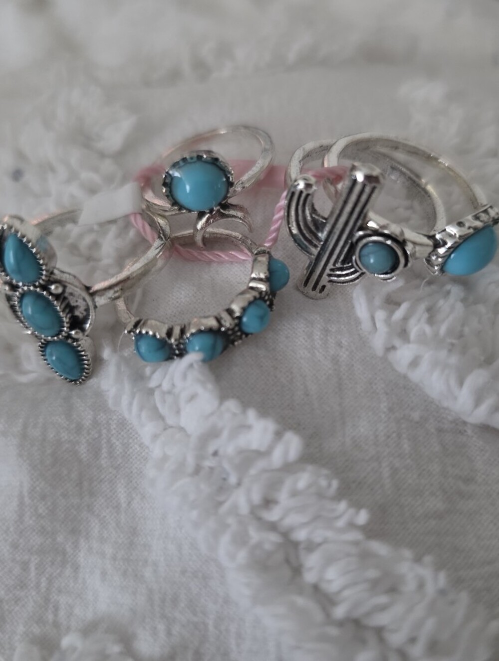 Western Boho Chic Womens Rings Set Of 5 Turquise Color And Silver Tone Brand New